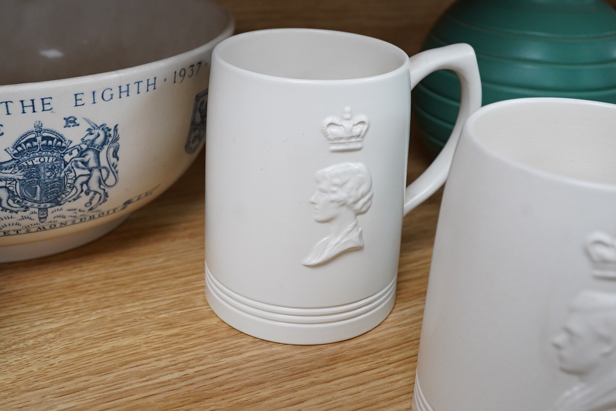 Keith Murray for Wedgwood - a Coronation bowl dated 1937 and mugs dated 1937 and 1953